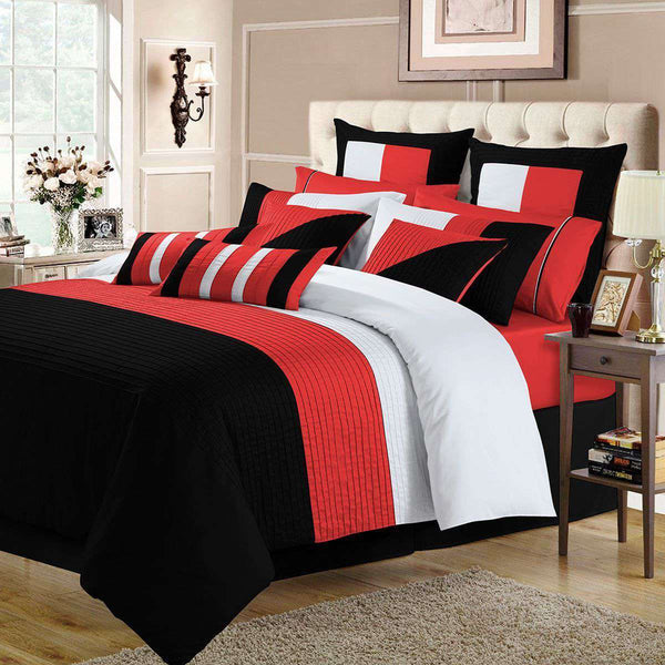 Luxury Horizontal Pleats Duvet Set - Red And Black (090)