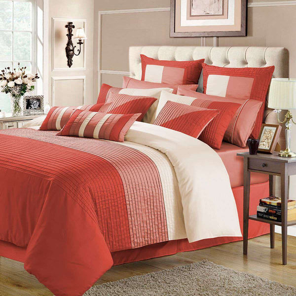 Luxury Horizontal Pleats Duvet Set - Coral And Peach (086)