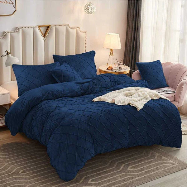 Cross Pleated Duvet Set Velvet - Blue (232)