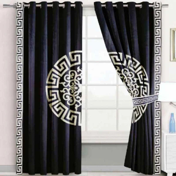 (2 Pieces) Luxury Splendid Velvet Curtain - Black & Off White (0005)