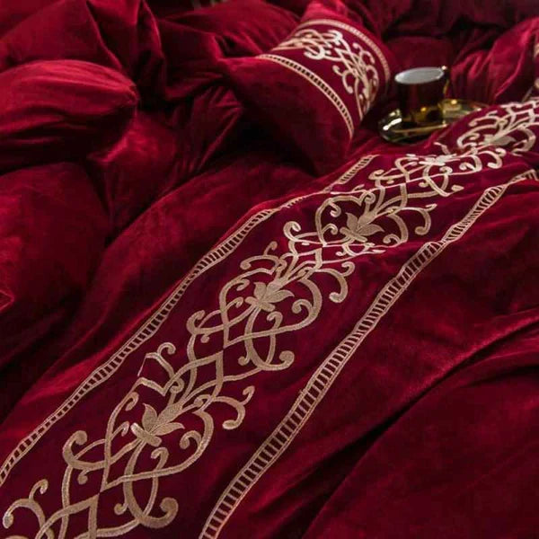 Luxury Embossed Velvet Duvet Set - Red