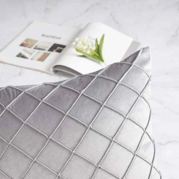 Pack of 2 Velvet Decorative Pleated Square Cushion - Light Grey