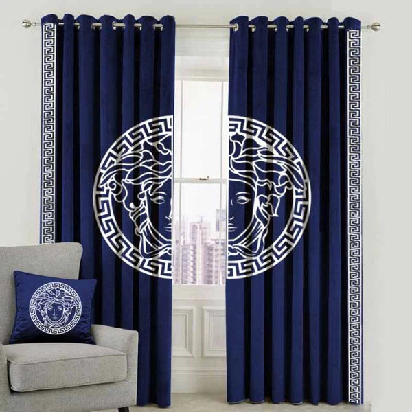 Versace Design Pair Of Velvet Curtains - Blue & White (0033)