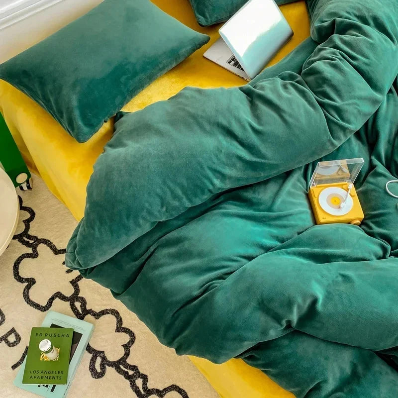 Reversible Duvet Set Velvet - Dark Green & Mustard (288)