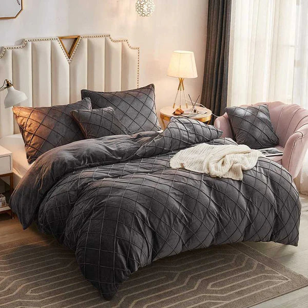 Cross Pleated Duvet Set Velvet - Dark Grey (235)