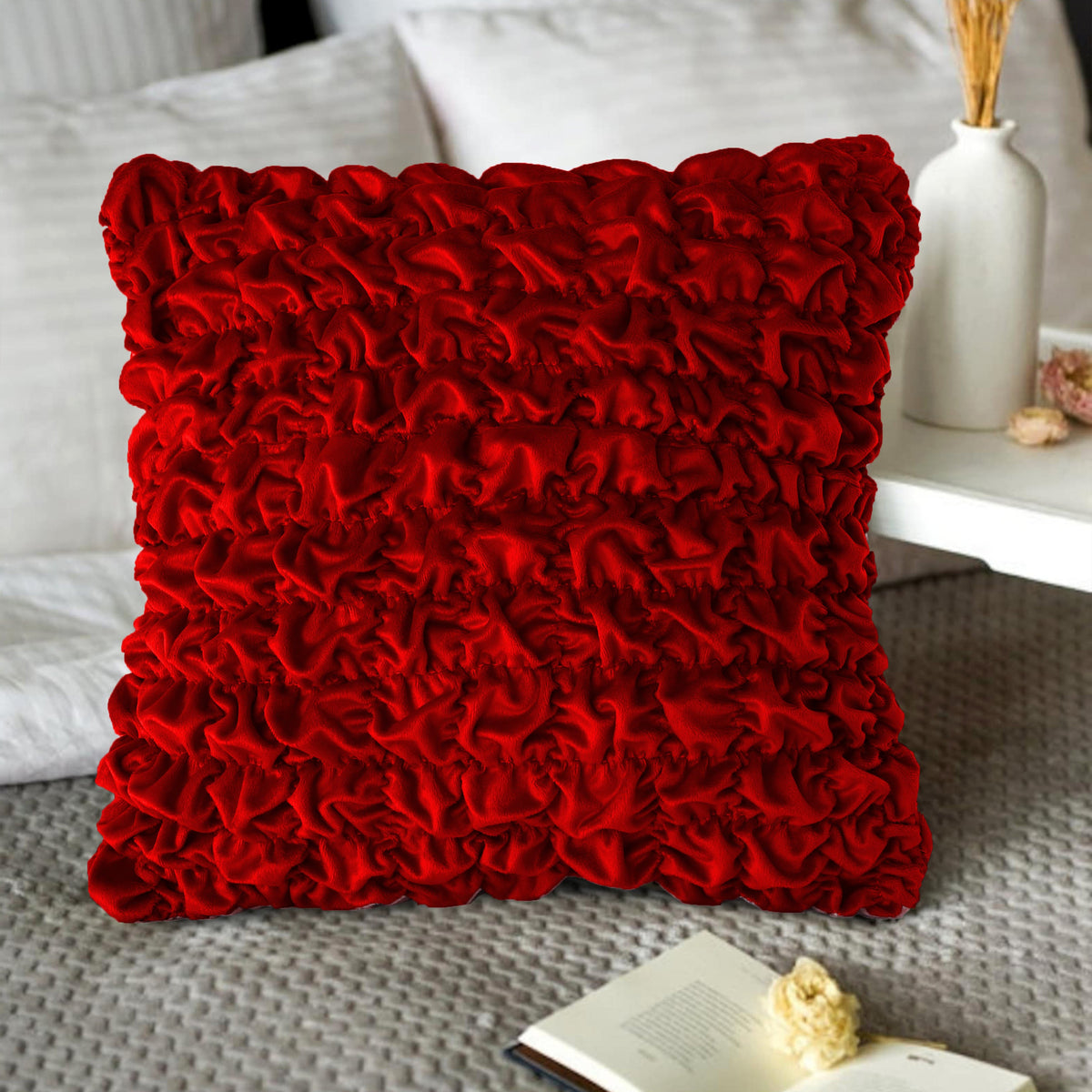 Pack Of 2 Luxury Velvet Ruffle Cushions - Red