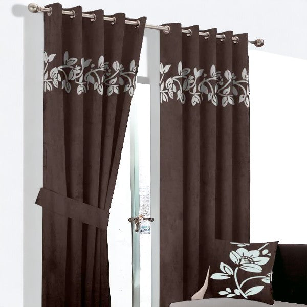 (2 Pieces) Floral Velvet Curtain -Dark Brown & Off White (0019)