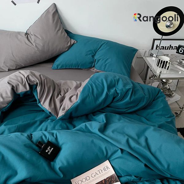Reversible Duvet Cover Set King Size - Teal Blue & Grey (191)