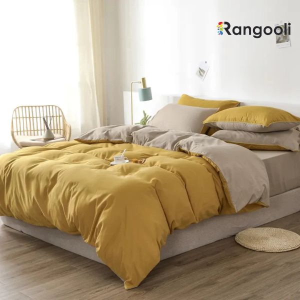 Reversible Duvet Cover Set King Size - Yellow & Beige (193)