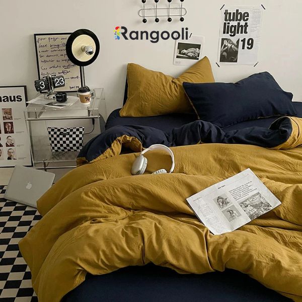 Reversible Duvet Cover Set King Size - Golden & Navy Blue (167)