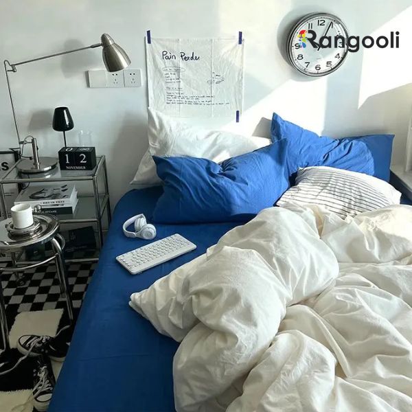 Reversible Duvet Cover Set King Size - Off White & Royal Blue (170)