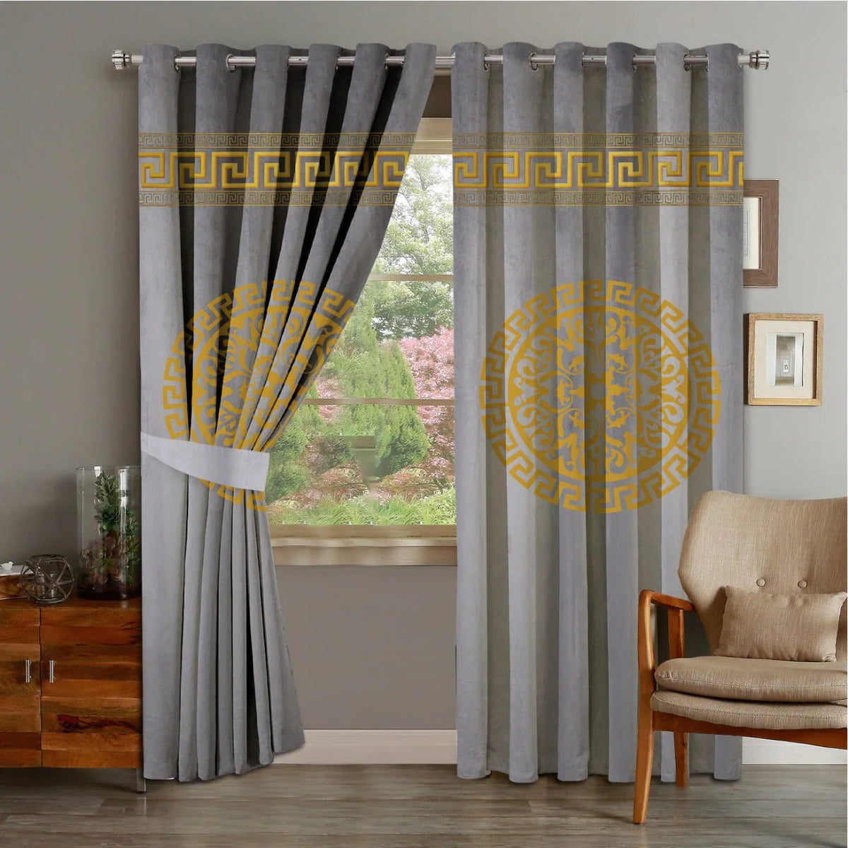 2 PIECE OF PREMIUM VELVET CURTAINS WITH 2 BELTS (LIGHT GRAY&GOLD) (0027)