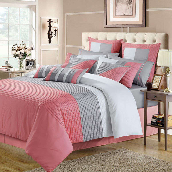 Luxury Horizontal Pleats Duvet Set - Grey And Pink (088)