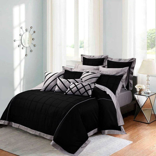 Luxury Box Pleats Duvet Set - Black And Grey (074)