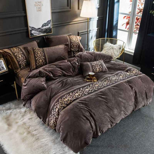 Luxury Embossed  Velvet Duvet Set - Brown