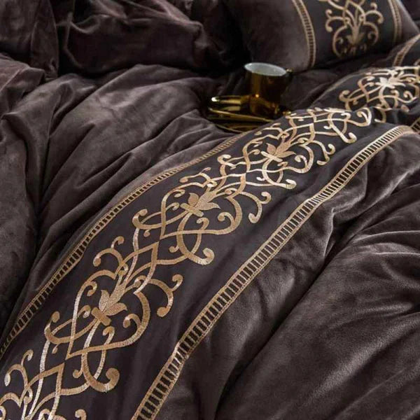 Luxury Embossed  Velvet Duvet Set - Brown