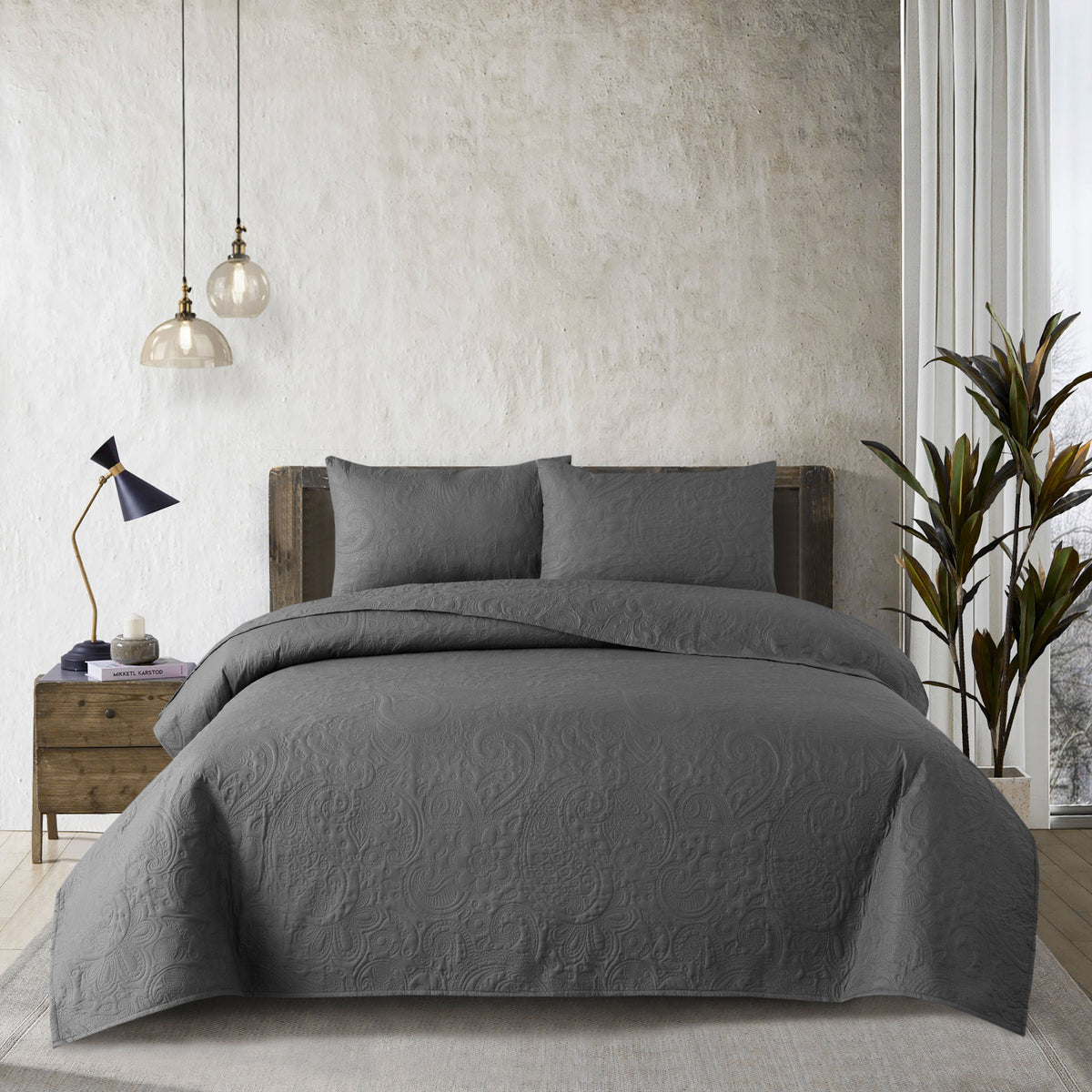 Spiral Vibes 3 Pcs Ultrasonic Bedspread - Dark Grey