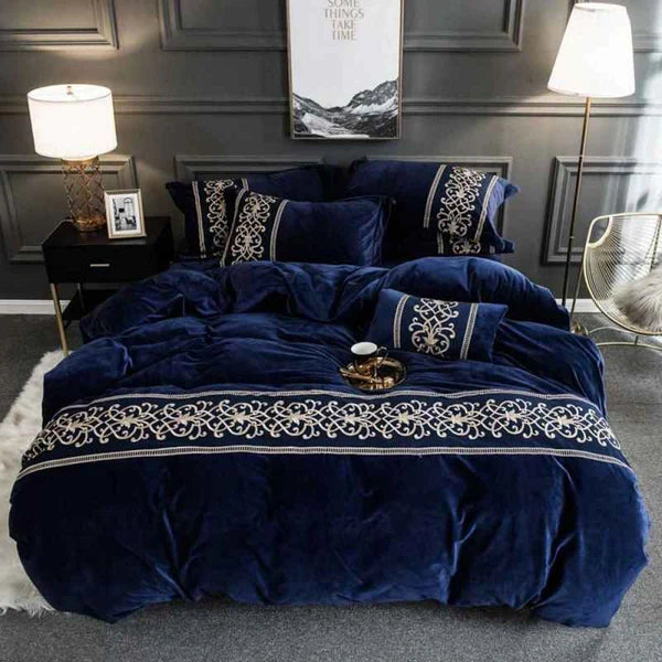 Luxury Embossed Velvet Duvet Set - Blue