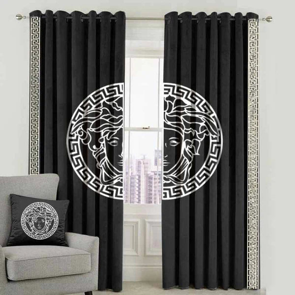Versace Design Pair Of Velvet Curtains - Black & White (0032)