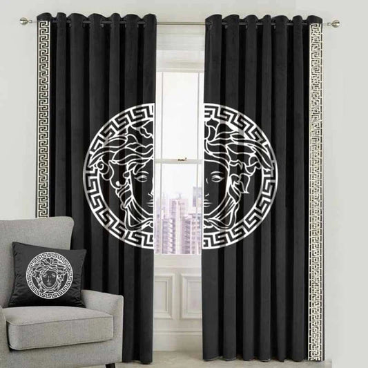 Versace Design Pair Of Velvet Curtains - Black & White (0032)