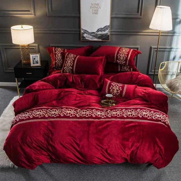 Luxury Embossed Velvet Duvet Set - Red