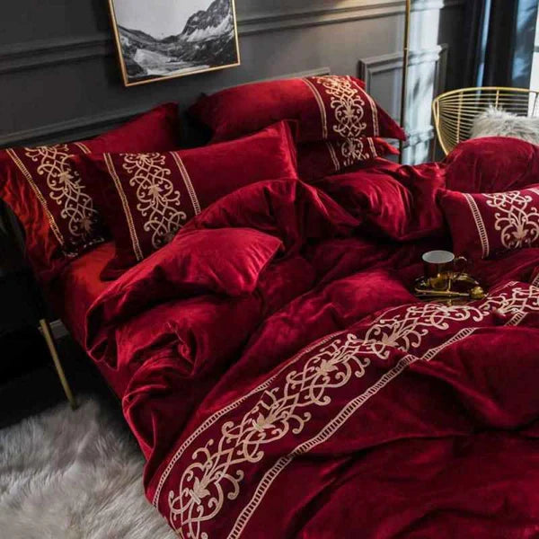 Luxury Embossed Velvet Duvet Set - Red