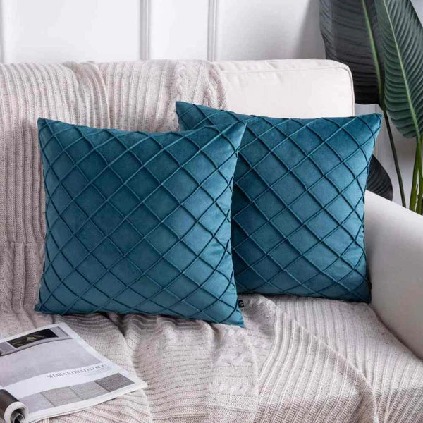 Pack of 2 Velvet Decorative Pleated Square Cushion - Teal