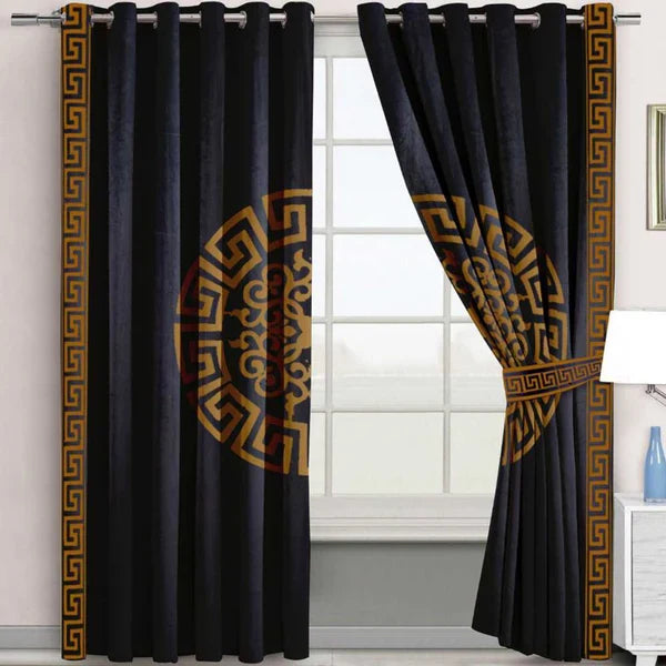 (2 Pieces) Luxury Splendid Velvet Curtain - Black & Camel (0004)