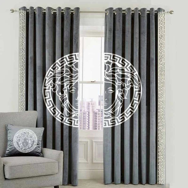 Versace Design Pair Of Velvet Curtains - Grey & White (0036)