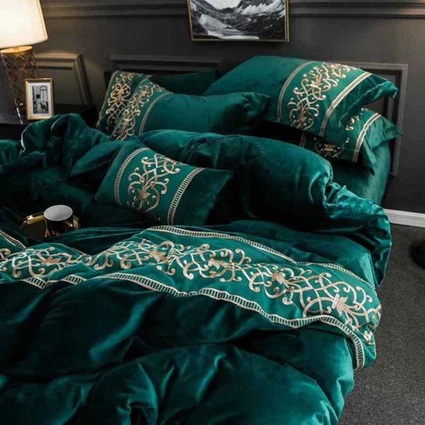 Luxury Embossed Velvet Duvet Set - Greenish Zinc