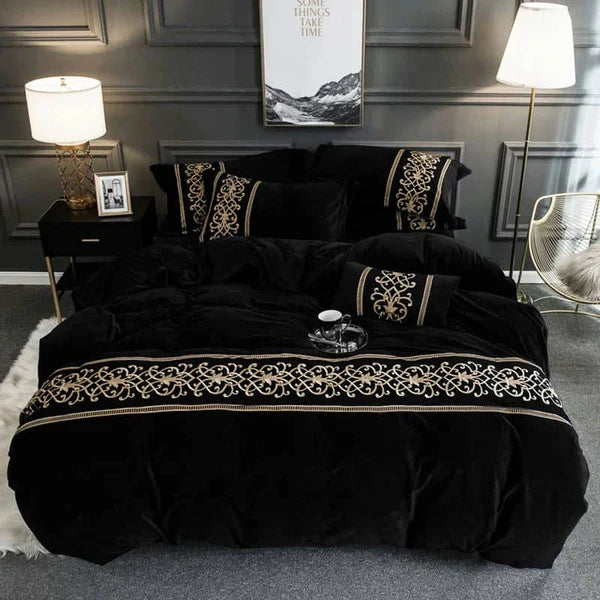 Luxury Embossed Velvet Duvet Set - Black
