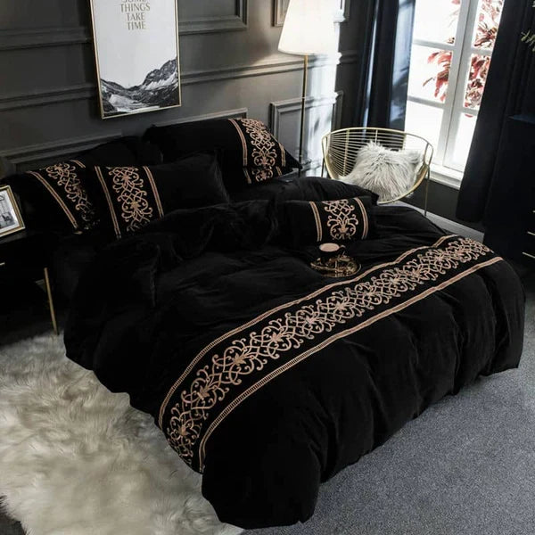 Luxury Embossed Velvet Duvet Set - Black