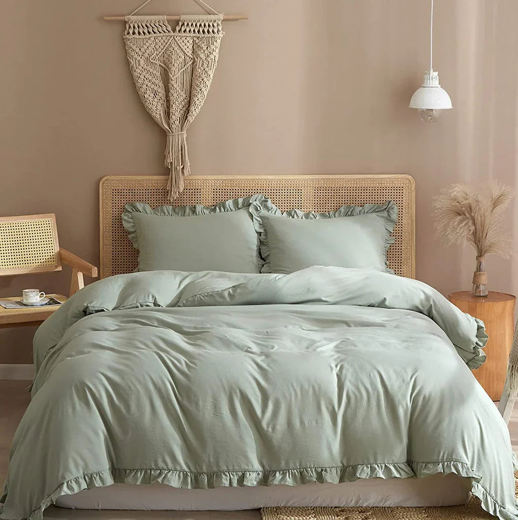 3 Pcs Ruffle Edge Duvet Cover Set - Sea Green (260)
