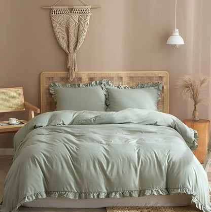 3 Pcs Ruffle Edge Duvet Cover Set - Sea Green (260)