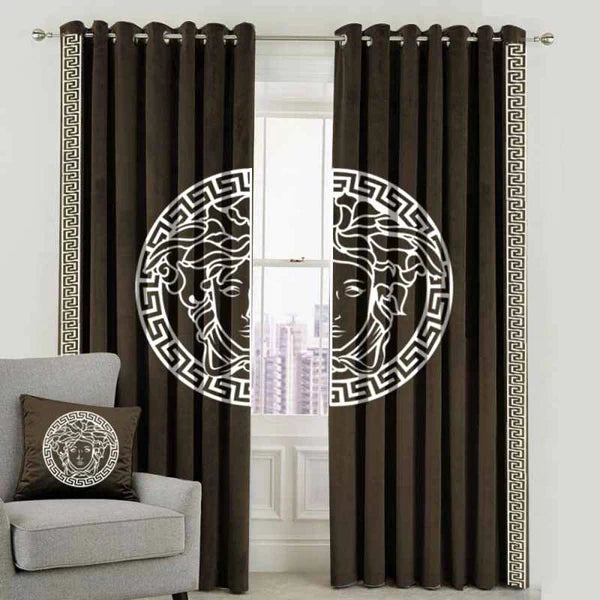 Versace Design Pair Of Velvet Curtains - Brown & White (0034)