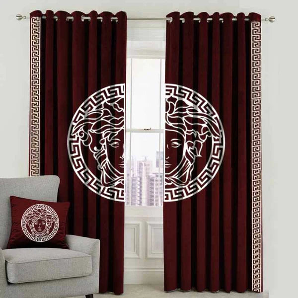 Versace Design Pair Of Velvet Curtains - Maroon & White (0037)
