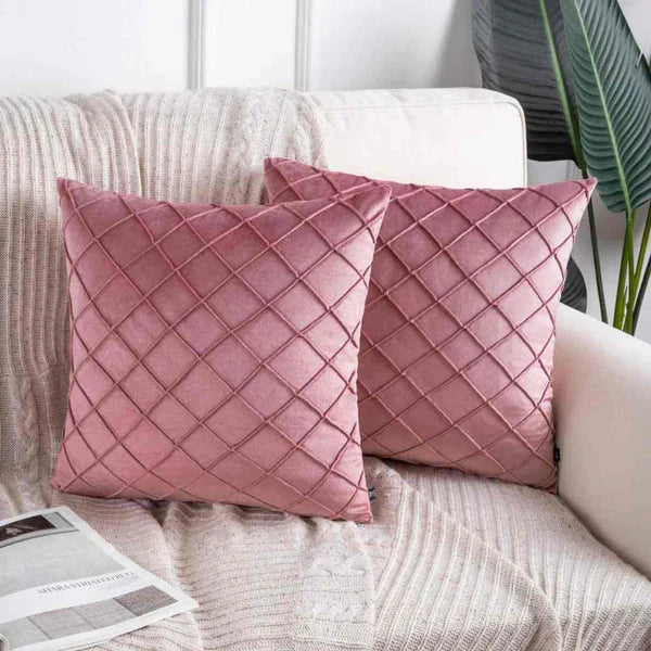 Pack of 2 Velvet Decorative Pleated Square Cushion - Pink