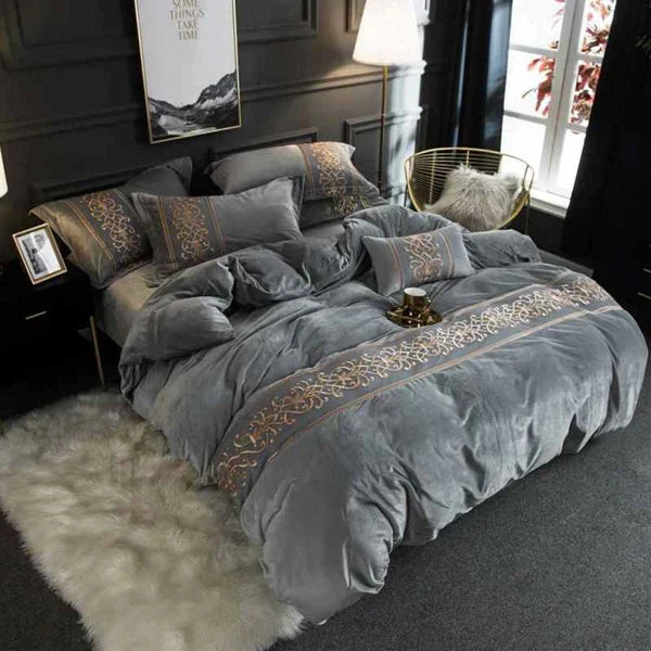Luxury Embossed Velvet Duvet Set - Grey