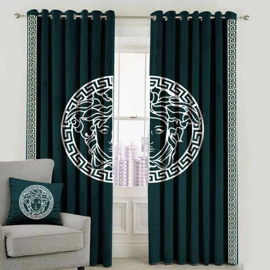 Versace Design Pair Of Velvet Curtains - Green & White (0035)