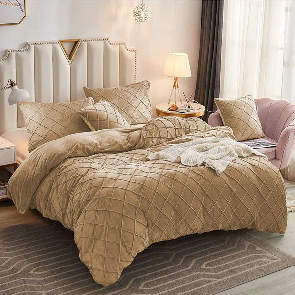 Cross Pleated Duvet Set Velvet - Beige (230)