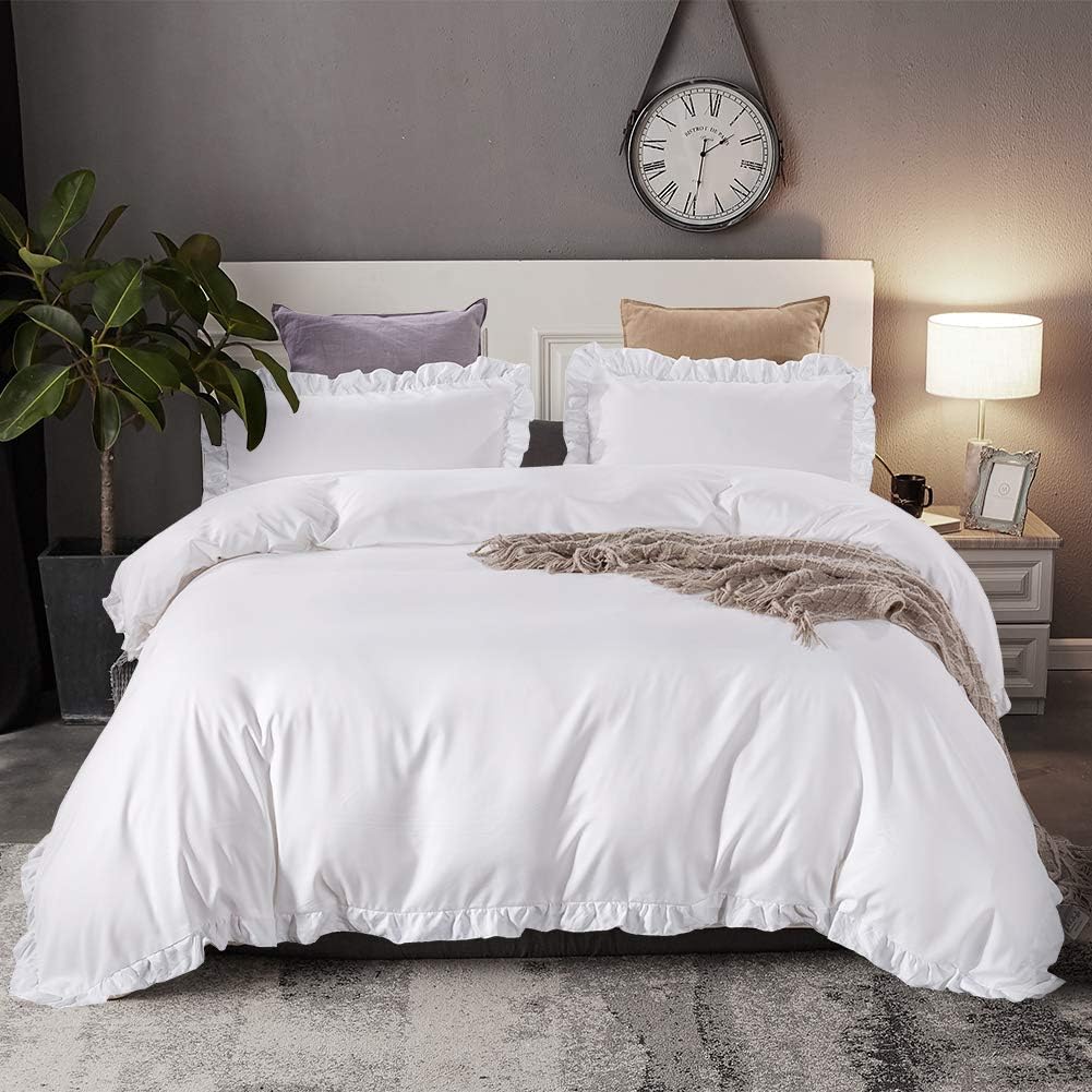 3 Pcs Ruffle Edge Duvet Cover Set - White (263)