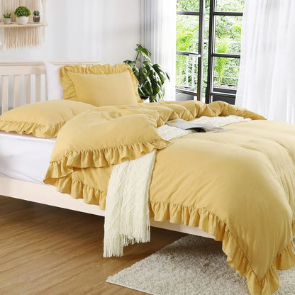 3 Pcs Ruffle Edge Duvet Cover Set - Yellow (264)
