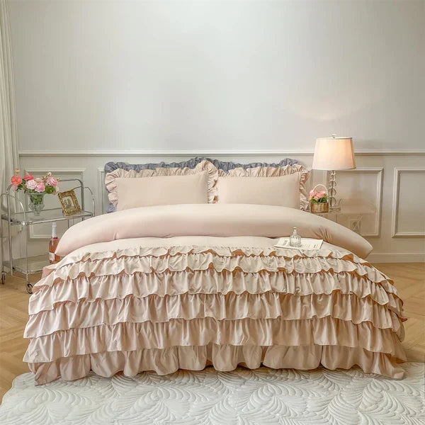 3 Pcs Ruffle Duvet Cover Set - Beige (248)