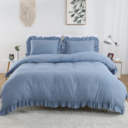 3 Pcs Ruffle Edge Duvet Cover Set - Sky Blue (262)