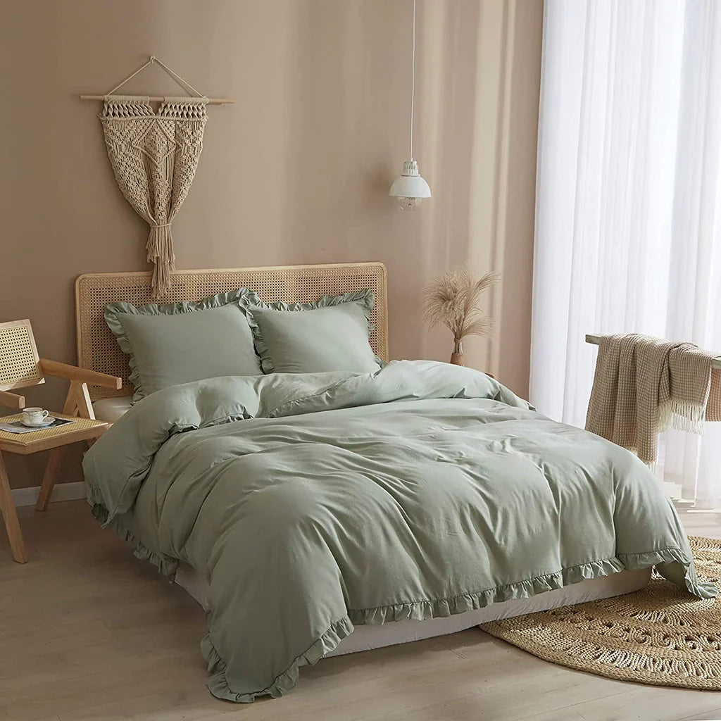 3 Pcs Ruffle Edge Duvet Cover Set - Sea Green (260)