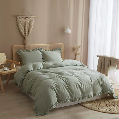 3 Pcs Ruffle Edge Duvet Cover Set - Sea Green (260)