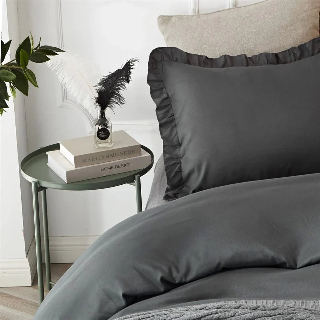 3 Pcs Ruffle Edge Duvet Cover Set - Charcoal Grey (256)