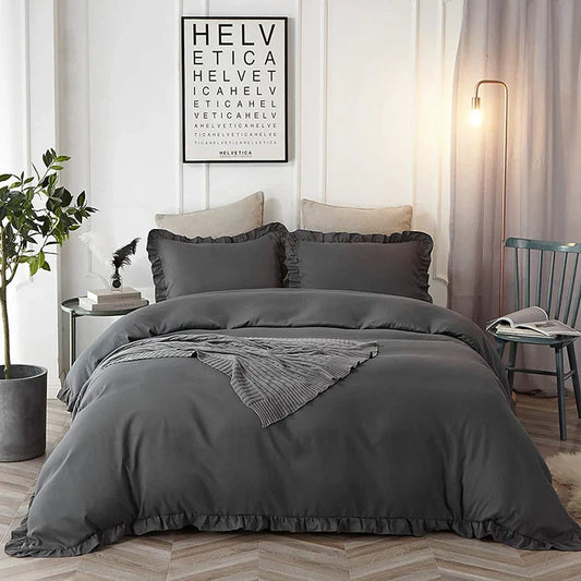 3 Pcs Ruffle Edge Duvet Cover Set - Charcoal Grey (256)