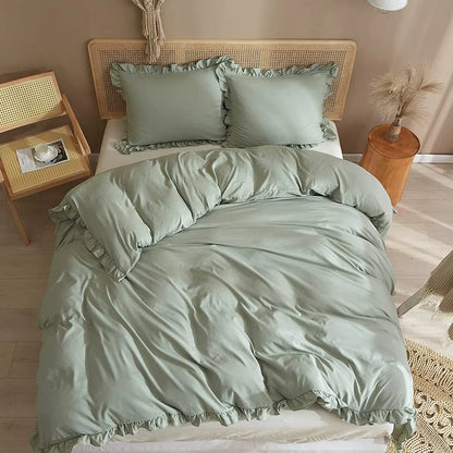 3 Pcs Ruffle Edge Duvet Cover Set - Sea Green (260)