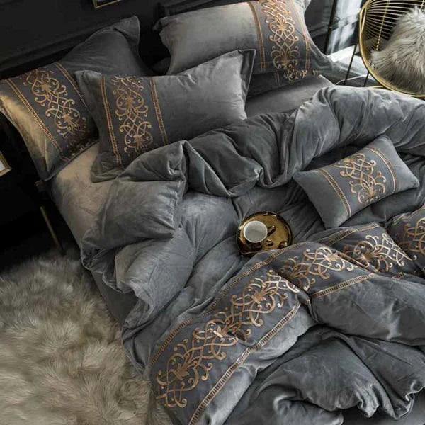 Luxury Embossed Velvet Duvet Set - Grey